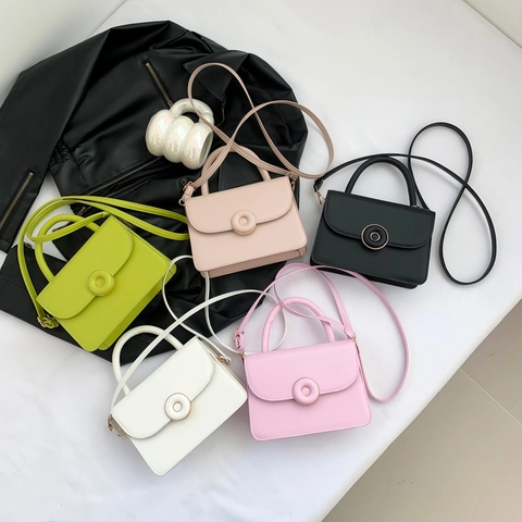 Minimalist Small Square Shoulder Bag For Women PU Leather Top Handle Handbag With Circular Metal Buckle Elegant Solid Color