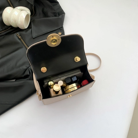 Minimalist Small Square Shoulder Bag For Women PU Leather Top Handle Handbag With Circular Metal Buckle Elegant Solid Color
