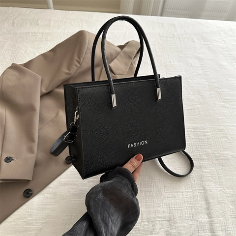 Women PU Leather Handbag Minimalist Litchi Grain Solid Color Tote With Adjustable Shoulder Strap Elegant Crossbody Bag
