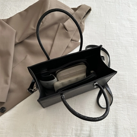 Women PU Leather Handbag Minimalist Litchi Grain Solid Color Tote With Adjustable Shoulder Strap Elegant Crossbody Bag