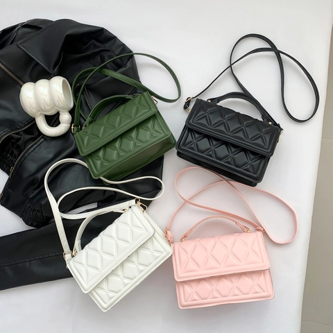 Women Quilted Rhombic PU Leather Shoulder Crossbody Bag Top Handle Magnetic Flap Commuting Chic Square