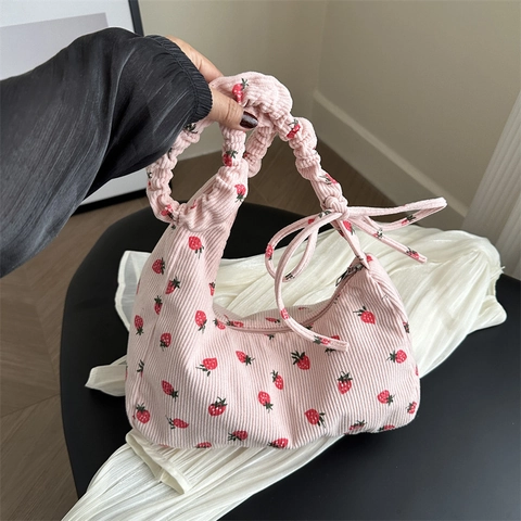 Borsa Hobo In Velluto A Coste Kawaii Stampa Fragola Manico Increspato Fiocco Borsa A Spalla Sottobraccio Per Donna