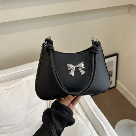 Mode Damen PU Leder Achseltasche Silber Schleife Design Geknoteter Riemen Schultertasche Elegante Handtasche Für Den Alltag