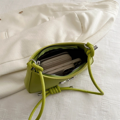 Bolso De Axila Para Mujer Bolso De Hombro Cuero PU Correa Anudada Lazo De Metal Plateado Mini Bolso De Mano Hobo
