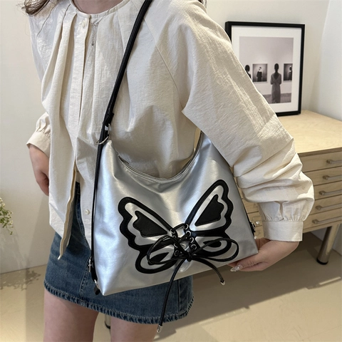 Women PU Leather Butterfly Patch Shoulder Underarm Bag Y2K Sweet Cool Style Hobo Tote For Daily Commuting