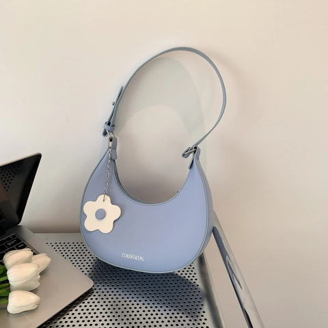 Women PU Leather Crescent Hobo Bag Minimalist Chic Underarm Shoulder Bag With Flower Charm Adjustable Strap