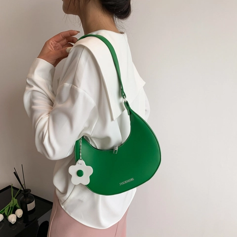 Women PU Leather Crescent Hobo Bag Minimalist Chic Underarm Shoulder Bag With Flower Charm Adjustable Strap