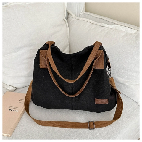 Borsa Tote in Tela Minimalista Giapponese per Donna Grande Capacità Borsa a Tracolla Casual Manici a Contrasto Patch Fashion