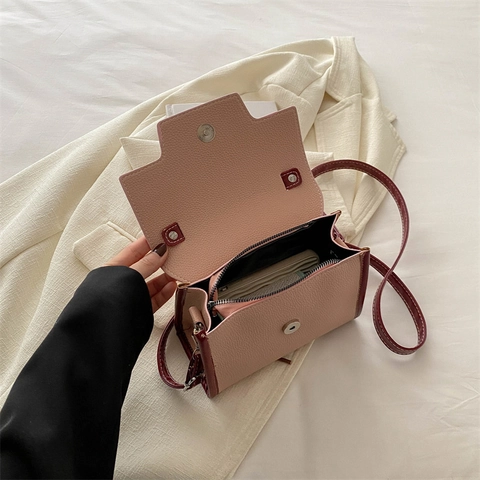 Bolso Bandolera Mujer Cuero PU Patrón Litchi Color Contraste Bolso De Mano Pequeño Cuadrado Tendencia Vintage Diario