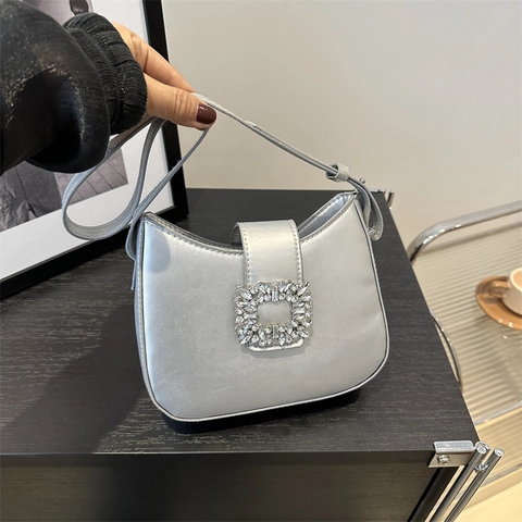 Elegante Dames Okseltas Baguette Tas PU Leer Chic Grote Vierkante Strass Gesp Glamoureuze Schoudertas
