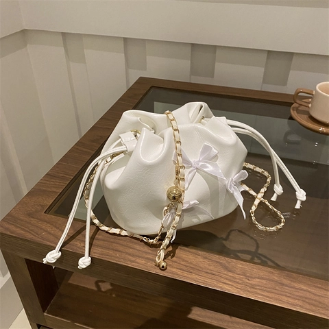 Women Bowknot PU Leather Mini Bucket Bag Drawstring Crossbody Bag With Elegant Satin Ribbons Gold Chain Strap