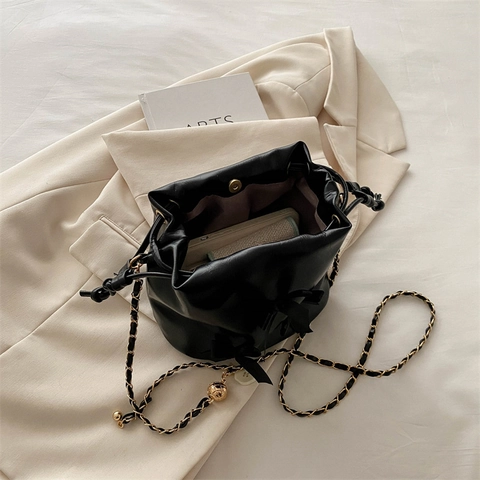 Women Bowknot PU Leather Mini Bucket Bag Drawstring Crossbody Bag With Elegant Satin Ribbons Gold Chain Strap