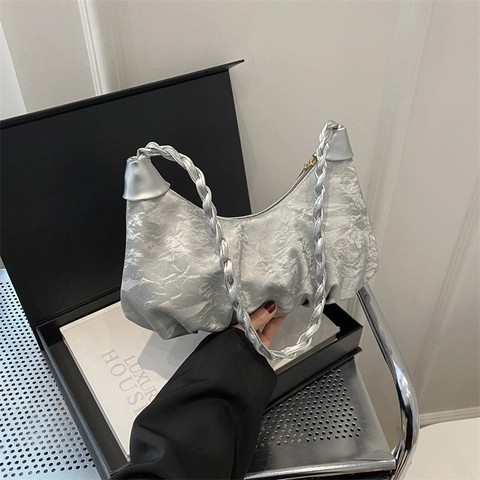 Borsa Sottobraccio Plissettata da Donna Manico Intrecciato Moda Metallic Hobo Borsa a Tracolla per Uso Quotidiano Versatile