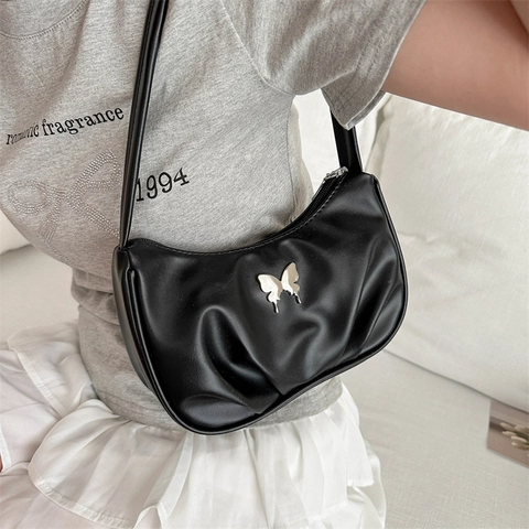 Schmetterling Geraffte Hobo-Tasche PU Leder Halbmond Unterarm Schultertasche Für Damen Trendy Y2K Stil Falten Design