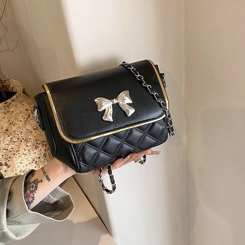 Women Quilted PU Leather Crossbody Bag Metal Bow Decor Chain Shoulder Strap Elegant Small Square Flap Purse