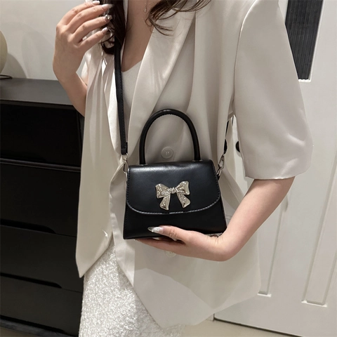 Women Mini Crossbody Bag PU Leather Top Handle Small Square Handbag With Silver Metal Bow Decoration Fashion Trendy