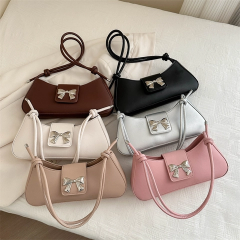PU Leather Underarm Shoulder Bag Women With Metal Bow Decoration And Knot Strap Baguette Style Elegant Solid Color Fashion