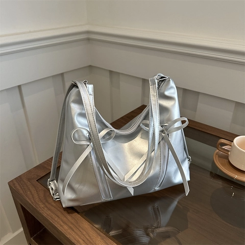 Damen Schultertasche Aus PU Leder Große Kapazität Hobo Tasche Mit Schleifen Dekor Und Doppelten Reißverschlüssen Y2K Stil