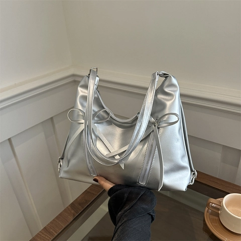 Damen Schultertasche Aus PU Leder Große Kapazität Hobo Tasche Mit Schleifen Dekor Und Doppelten Reißverschlüssen Y2K Stil