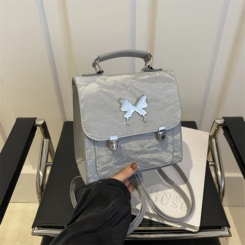 Mini Rucksack Handtasche PU Leder Falten Textur Metall Schmetterling Schnalle Vintage Damen Rucksack