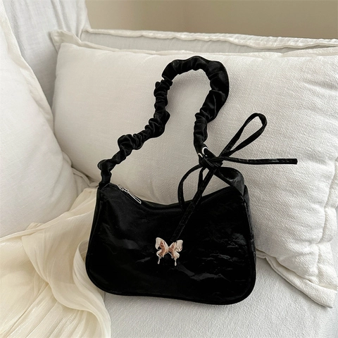 Butterfly Decor Pleated Shoulder Bag PU Leather Scrunched Handle Underarm Hobo Bag Chic Y2K Style Women Handbag