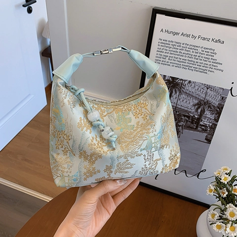 Borsa Tracolla Donna Hobo Tessuto Jacquard Coulisse Perline Tracolla Regolabile Stile Cinese Retrò Motivo Paesaggio