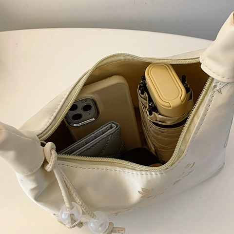 Borsa Tracolla Donna Hobo Tessuto Jacquard Coulisse Perline Tracolla Regolabile Stile Cinese Retrò Motivo Paesaggio