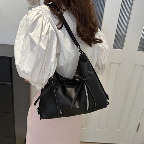 Mode Dames Strik Schoudertas PU Leer Hobo Tote Bag Zoete Koreaanse Stijl Oksel Tas Met Metalen Ritsen Voor Woon-werkverkeer