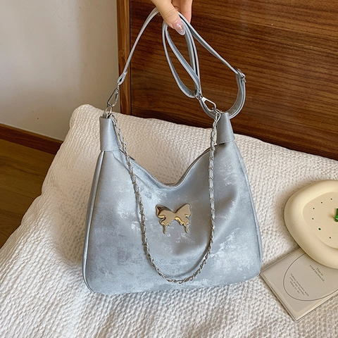 Chic Butterfly PU Leather Shoulder Crossbody Hobo Bag For Women Large Capacity Moon Shape With Plush Charm Chain