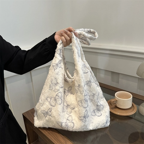 Große Schultertasche Schmetterling Blumenmuster Stoff Tote Handtasche Ästhetik Lazy Style Design Mit Fransen