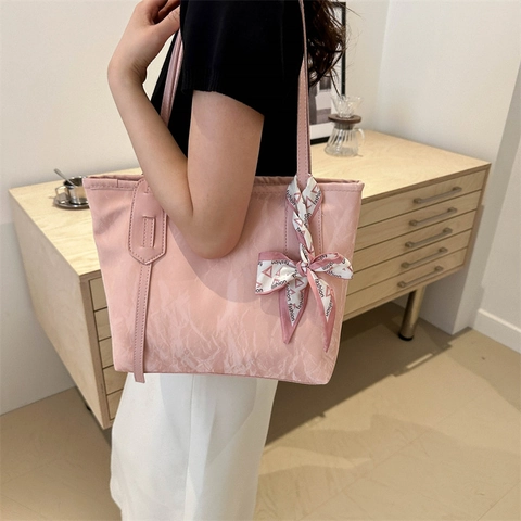 Women Large Capacity Wrinkle Texture PU Leather Tote Bag With Satin Scarf Decor Casual Urban Minimalist Shoulder Bag Handbag