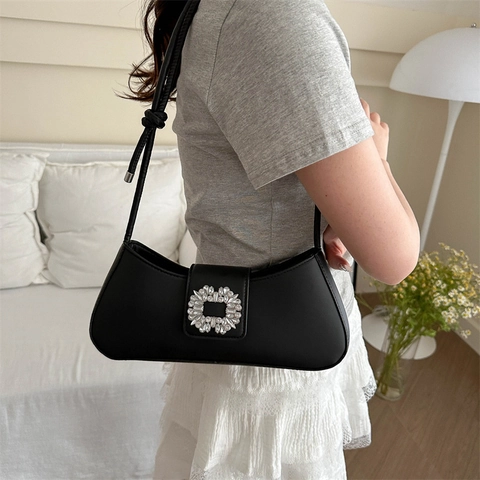 Women Fashion PU Leather Shoulder Bag Elegant Baguette Underarm Bag With Large Square Rhinestone Buckle Knot Strap Casual Party Daily Handbag