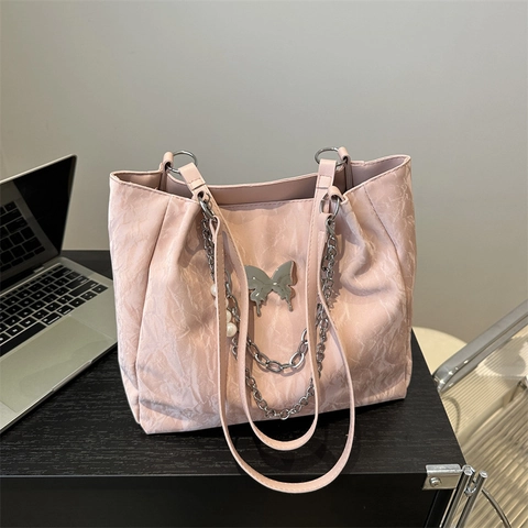 Borsa Tote Donna Pelle PU Trama Increspata Grande Capacità Farfalla Metallo Perla Artificial Catena Borsa A Spalla Versatile