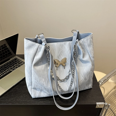 Borsa Tote Donna Pelle PU Trama Increspata Grande Capacità Farfalla Metallo Perla Artificial Catena Borsa A Spalla Versatile