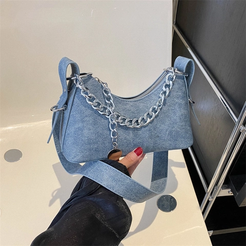 Women Crescent Hobo Underarm Bag PU Leather And Denim Fabric Silver Chain Vintage Casual Y2K Shoulder Bag With Wide Strap