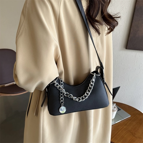 Damen PU Leder Denim Hobo Tasche Mit Silbe Kette Reißverschluss Halbmond Achsel Schultertasche Trendy Retro