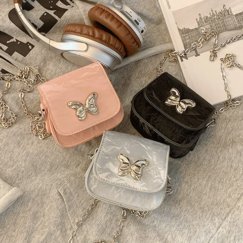 Mini Bolso Bandolera Cuadrado Cuero Sintético Arrugado Hebilla Mariposa Cadena Plata Bolso Hombro Mujer Verano Niche