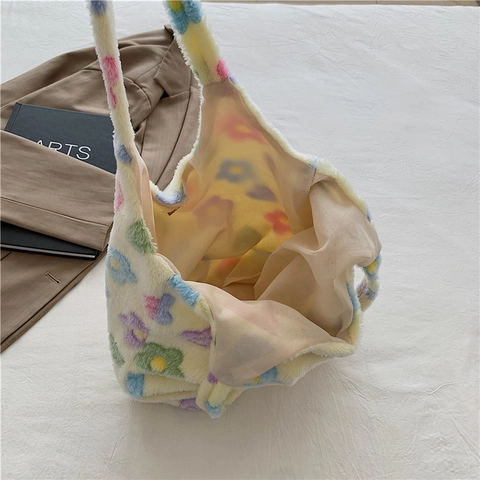 Damen Plüsch Tote Bag Große Kapazität Bunte Blumen Herz Druck Weiche Schultertasche Koreanischen Stil