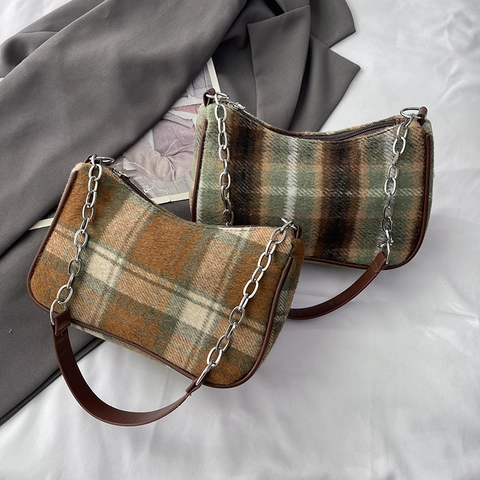 Borsa Hobo Vintage In Lana A Quadri Per Donna Borsa Sottobraccio Retrò Con Catena In Metallo E Tracolla In Pelle