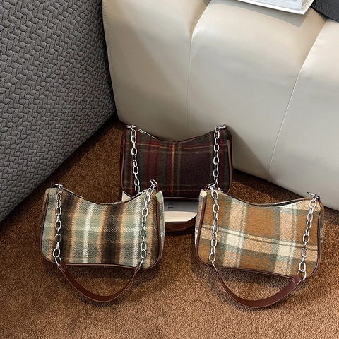Borsa Hobo Vintage In Lana A Quadri Per Donna Borsa Sottobraccio Retrò Con Catena In Metallo E Tracolla In Pelle