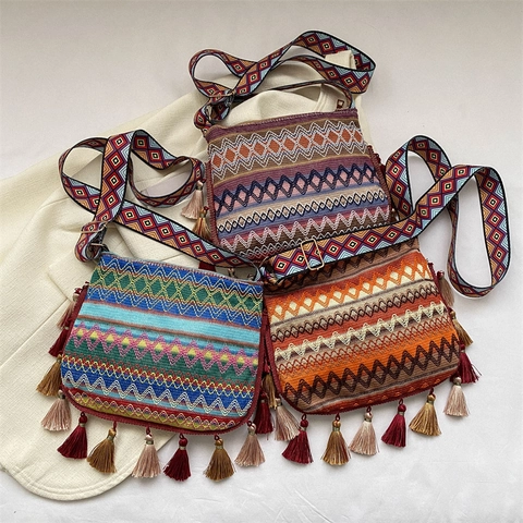 Bohemian Gewebte Umhängetasche Damen Ethno Geometrisches Muster Breiter Schultergurt Fransen Deko Vintage Hobo Tasche