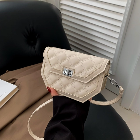 Sac Bandoulière en Cuir PU Matelassé Losange Géométrique Hexagonal Avec Serrure Tournante Argentée Sangle Réglable Sac Carré