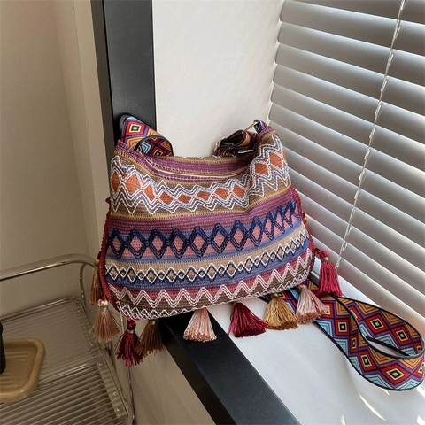 Bohemian Gewebte Umhängetasche Damen Ethno Geometrisches Muster Breiter Schultergurt Fransen Deko Vintage Hobo Tasche