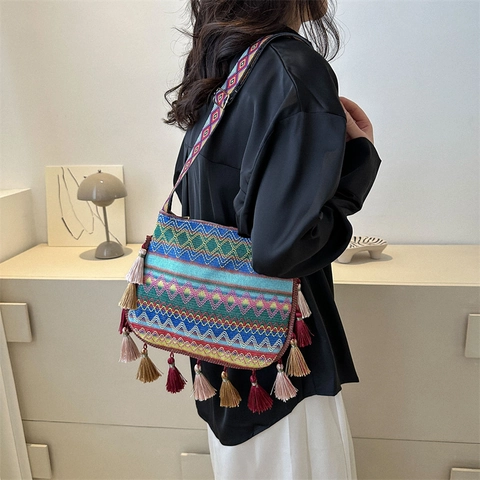 Bohemian Gewebte Quaste Umhängetasche Für Damen Vintage Geometrisches Muster Segeltuch Tote Crossbody Tasche Ethnischen Stil Handtasche