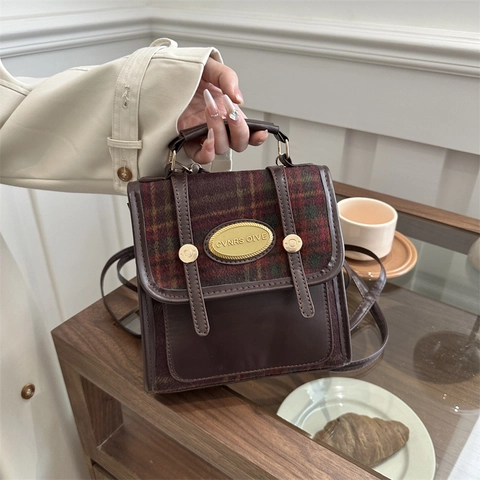 Mini Zaino Donna Vintage Stile Britannico Pelle PU Patchwork A Quadri Piccola Borsa A Spalla Tracolla