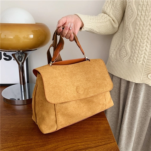 Women Messenger Bag Faux Suede Large Capacity Flap Shoulder Handbag Retro Commuter Style Solid Color