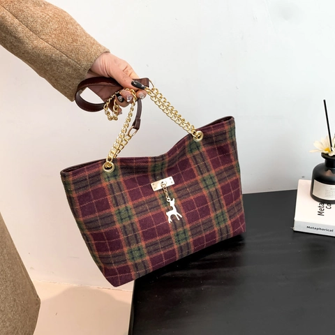 Borsa Tote In Lana Vintage A Quadri Da Donna Grande Capacità Borsa A Spalla Con Catena Dorata E Ciondolo Cervo