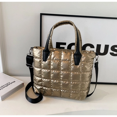 Bolso Tote Acolchado de Gran Capacità para Mujer Acabado Metálico Brillante Diseño Acolchado de Hombro y Bandolera Elegante