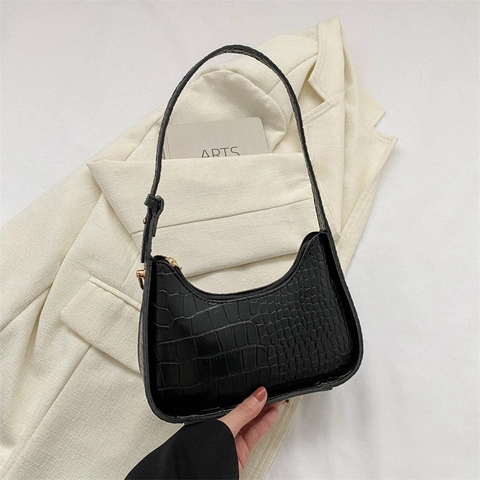 Women Crocodile Pattern Shoulder Bag PU Leather Underarm Baguette Hobo Bag Retro Commuter Style Fashion Solid Color