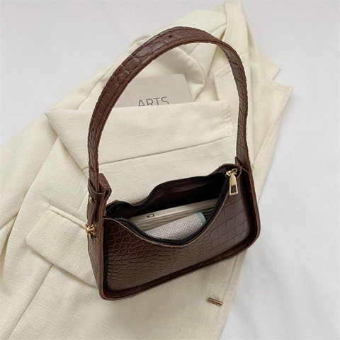 Women Crocodile Pattern Shoulder Bag PU Leather Underarm Baguette Hobo Bag Retro Commuter Style Fashion Solid Color